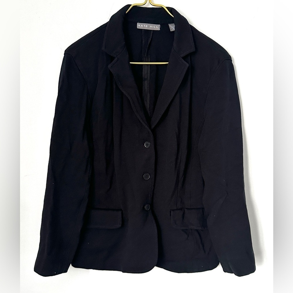 Kate Hill Black Stretch Fabric Casual Button Front Blazer Jacket Women’s 16